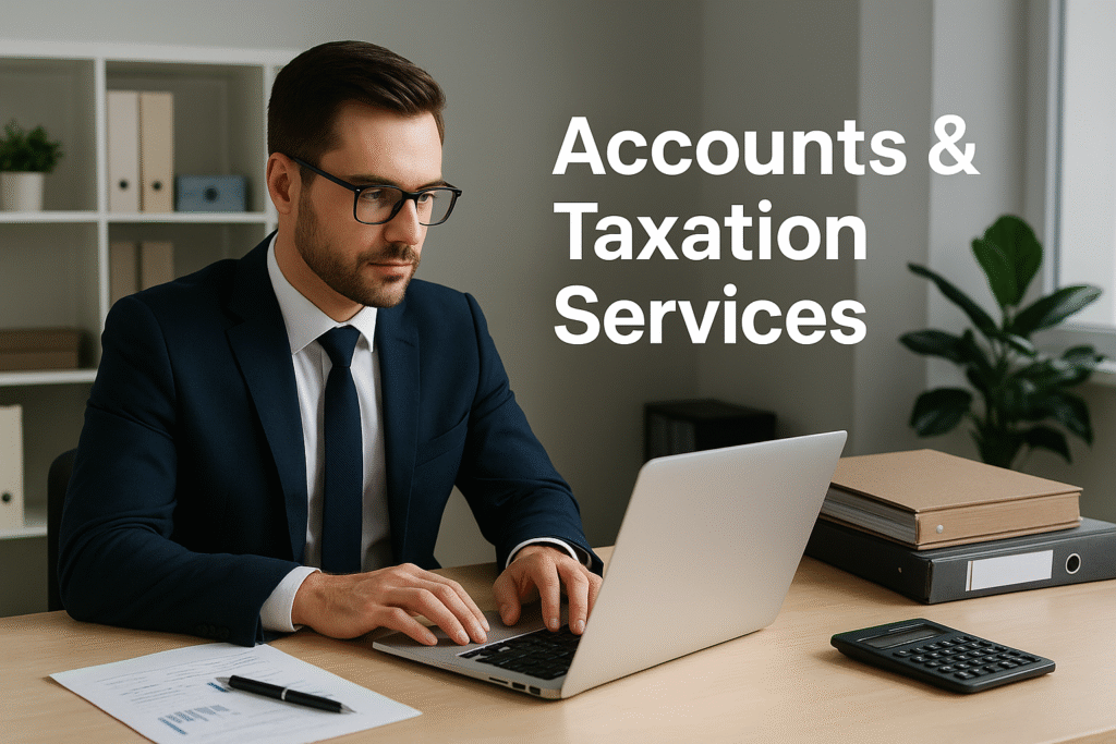 Accounts & Taxation Services At SMICA CSC, we provide reliable and professional Accounting & Taxation Services to help your business stay compliant and grow faster. हमारी qualified team bookkeeping, GST filing, income tax return, audit support और financial reporting में complete assistance देती है। हम accuracy, transparency और time-bound compliance पर focus करते हैं ताकि आप अपने business growth पर ध्यान दे सकें, जबकि हम आपके accounts और taxes को smartly manage करते हैं।